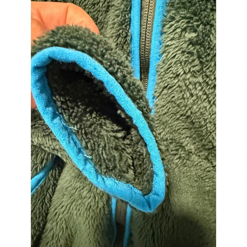 Hanna Andersson Kids Green High Pile Fleece Full Zip Hoodie Jacket Blue Trim 6-7